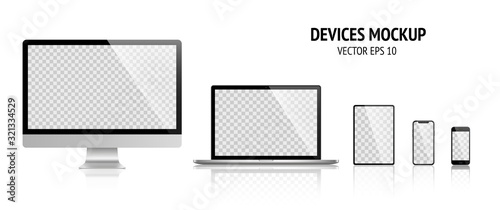Realistic devices mockup set of Monitor, laptop, tablet, smartphone dark grey color - Stock Vector. photo