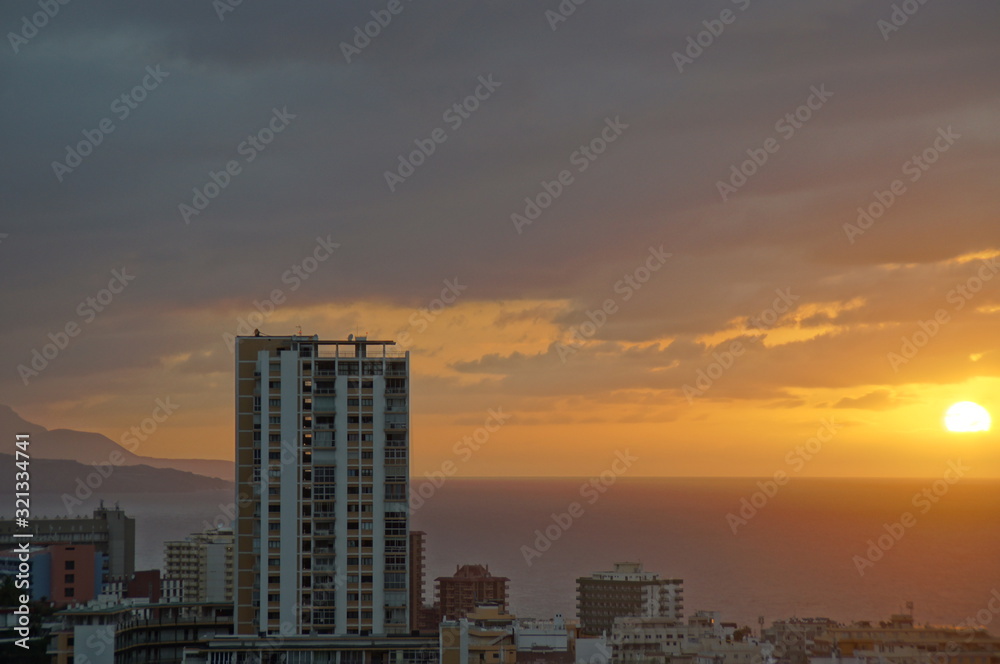  picturesque sunset on the Spanish island of Tenerife in the city of Puerto de la Cruz