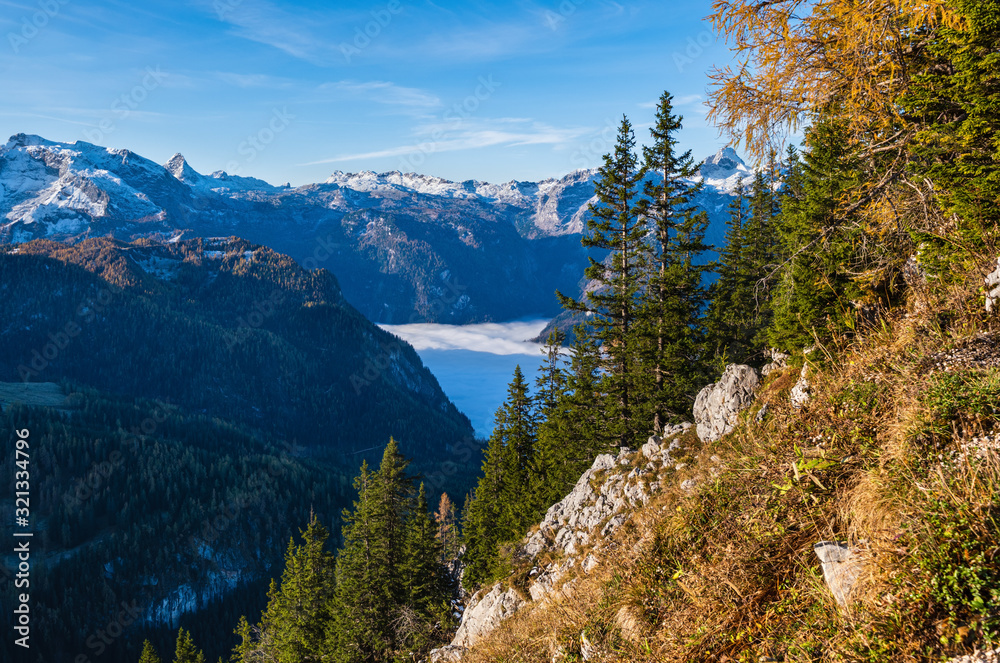 Autumn Alps mountain misty morning view from Jenner Viewing Platform, Schonau am Konigssee, Berchtesgaden national park, Bavaria, Germany. Autumn Alps mountain misty morning view from Jenner Viewing Platform, Schonau am Konigssee, Berchtesgaden national park, Bavaria, Germany.
