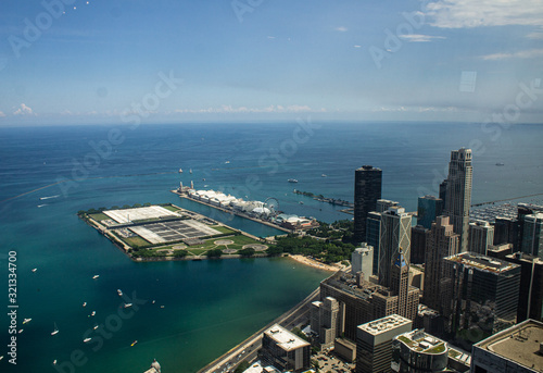 Aerial view of Navy Pier and Olive Park by Chicago Lakefront.