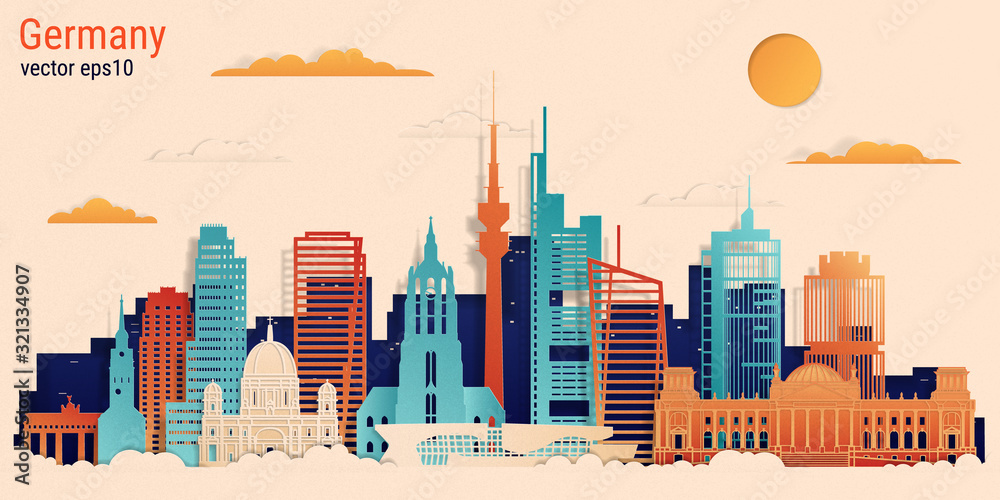 Fototapeta Germany colorful paper cut style, vector stock illustration. Cityscape with all famous buildings. Germany skyline composition for design.