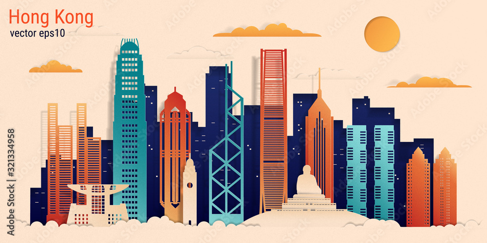 Naklejka premium Hongkong miasto kolorowy papier cięcia styl, czas ilustracji wektorowych. Pejzaż miejski ze wszystkimi słynnymi budynkami. Skyline Hong Kong skład miasta do projektowania.