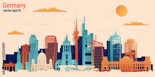Germany colorful paper cut style, vector stock illustration. Cityscape with all famous buildings. Germany skyline composition for design.