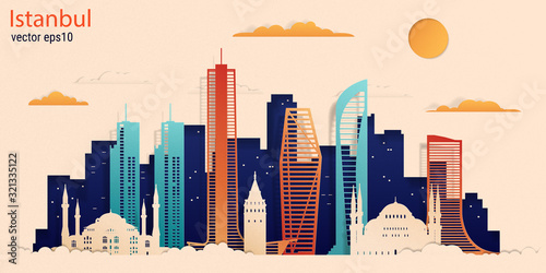 Istanbul city colorful paper cut style, vector stock illustration. Cityscape with all famous buildings. Skyline Istanbul city composition for design.