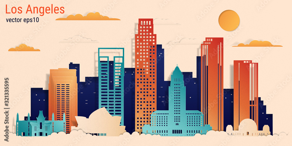 Fototapeta Los Angeles city colorful paper cut style, vector stock illustration. Cityscape with all famous buildings. Skyline Los Angeles city composition for design.