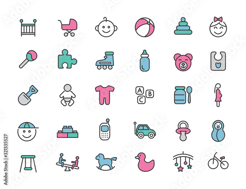 Set of linear baby icons. Newborn icons in simple design. Vector illustration