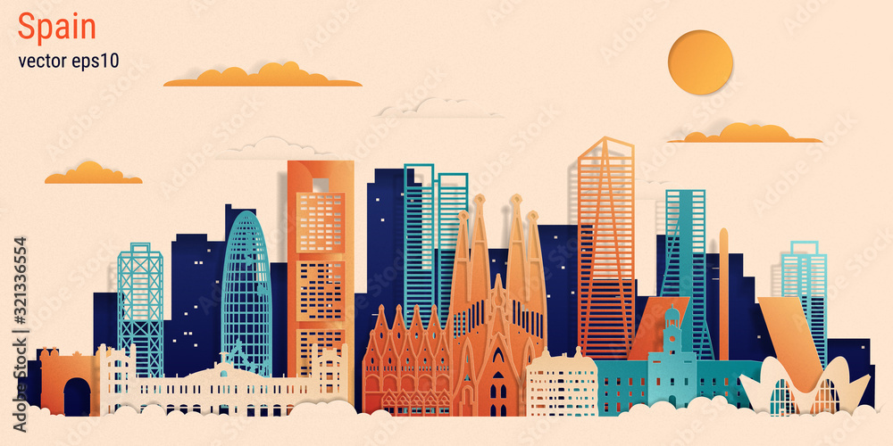 Spain colorful paper cut style, vector stock illustration. Cityscape with all famous buildings. Spain skyline composition for design.