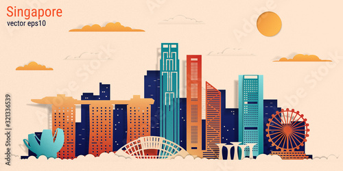 Singapore city colorful paper cut style, vector stock illustration. Cityscape with all famous buildings. Skyline Singapore city composition for design.