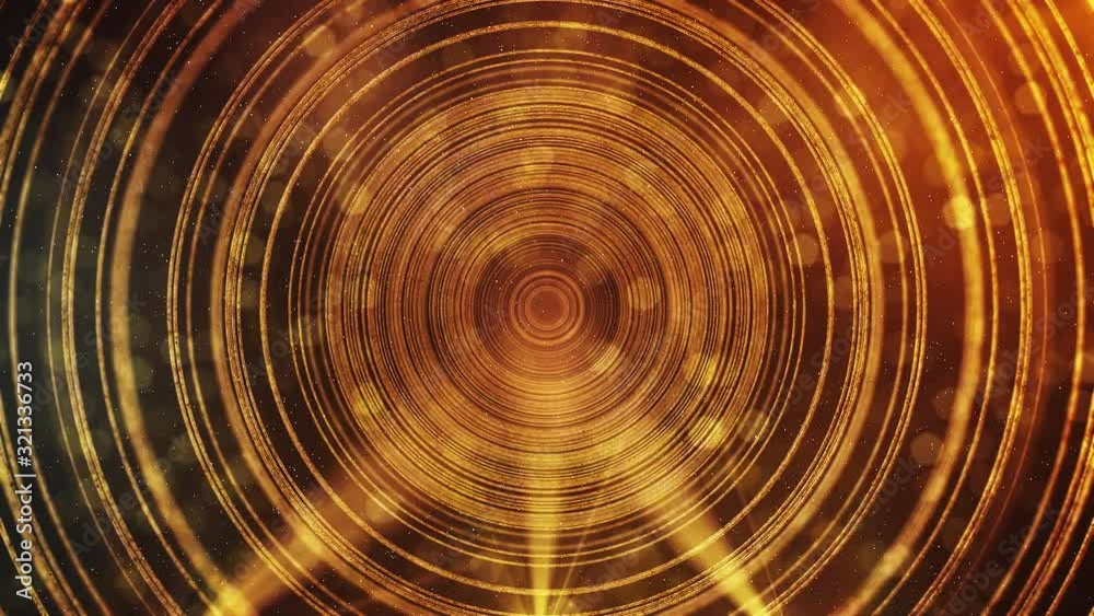 Gold concentric rings on orange background. Seamless loop footage for ceremony visual projection, screen, music video, festival entertainment, visual art, party or fashion show. Orange circles
