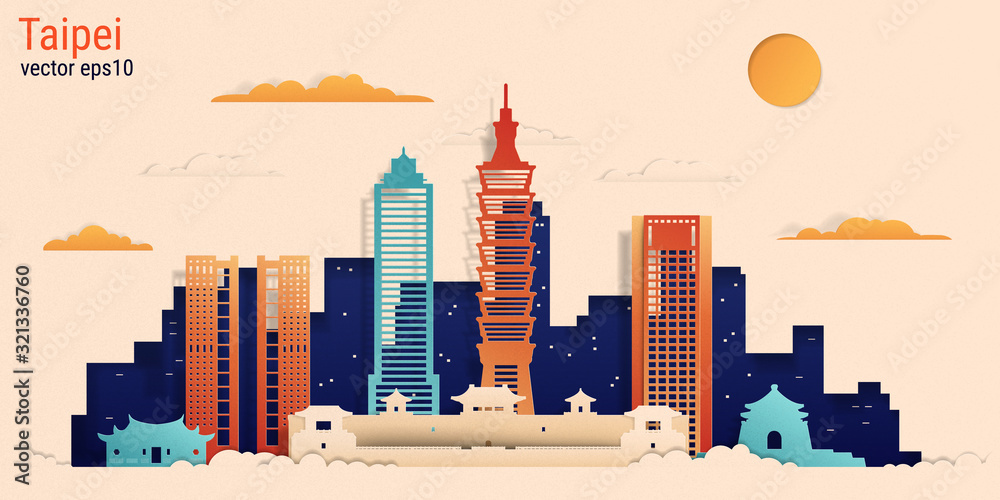Naklejka premium Taipei city colorful paper cut style, vector stock illustration. Cityscape with all famous buildings. Skyline Taipei city composition for design.