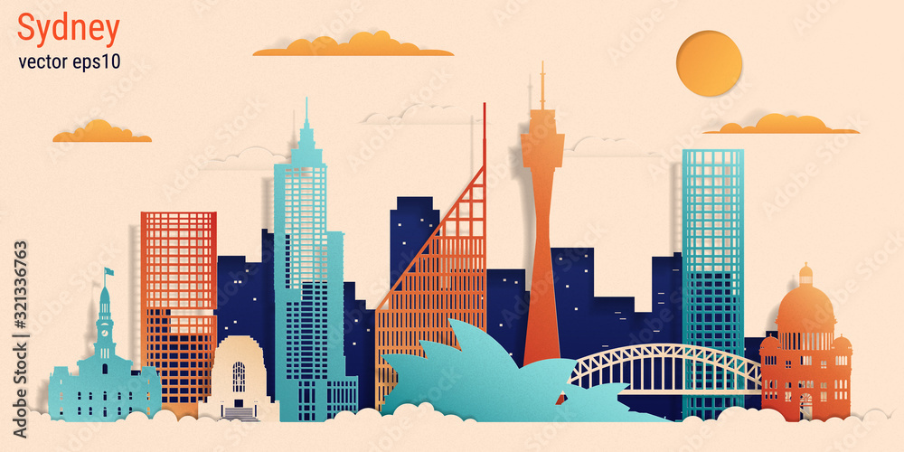 Fototapeta premium Sydney miasto kolorowy papier cięcia styl, czas ilustracji wektorowych. Pejzaż miejski ze wszystkimi słynnymi budynkami. Skyline Sydney kompozycja miasta do projektowania.