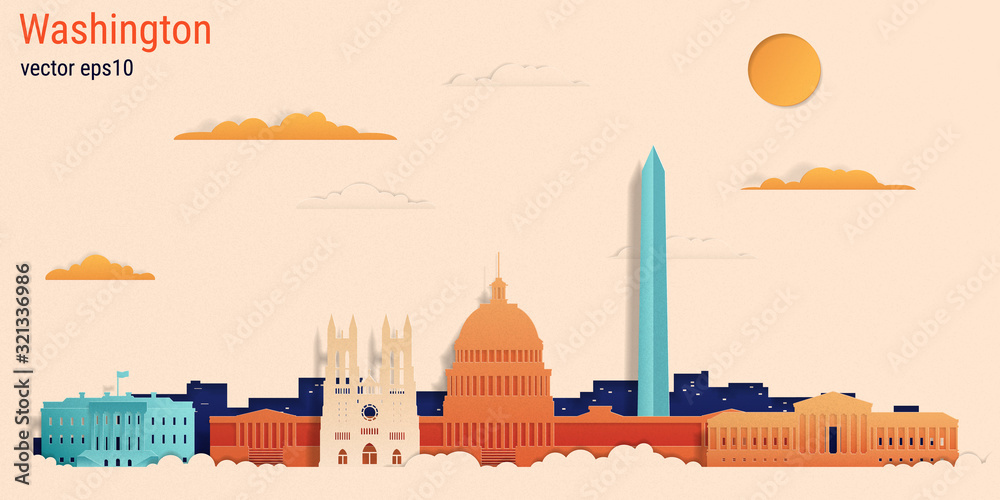 Washington city colorful paper cut style, vector stock illustration. Cityscape with all famous buildings. Skyline Washington city composition for design.