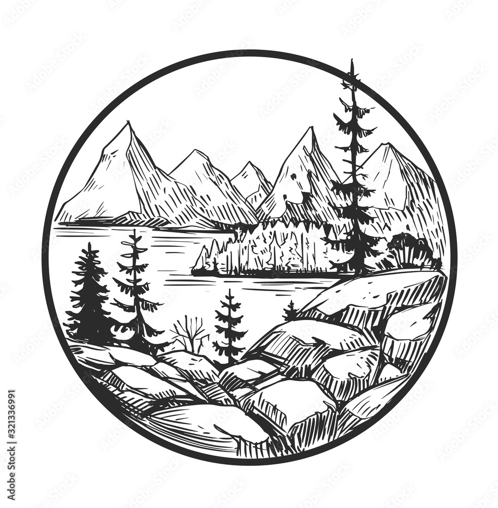 Premium Vector  Black and white vintage landscape doodle illustration for  sticker tattoo poster tshirt design etc