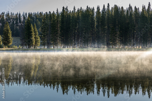 View on the Lake Yellowstone in the morning fog