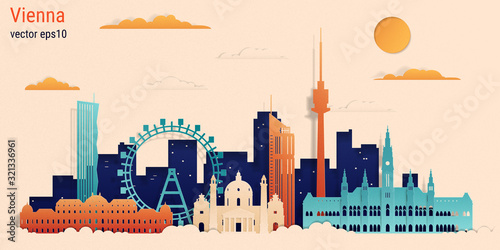 Vienna city colorful paper cut style, vector stock illustration. Cityscape with all famous buildings. Skyline Vienna city composition for design. photo