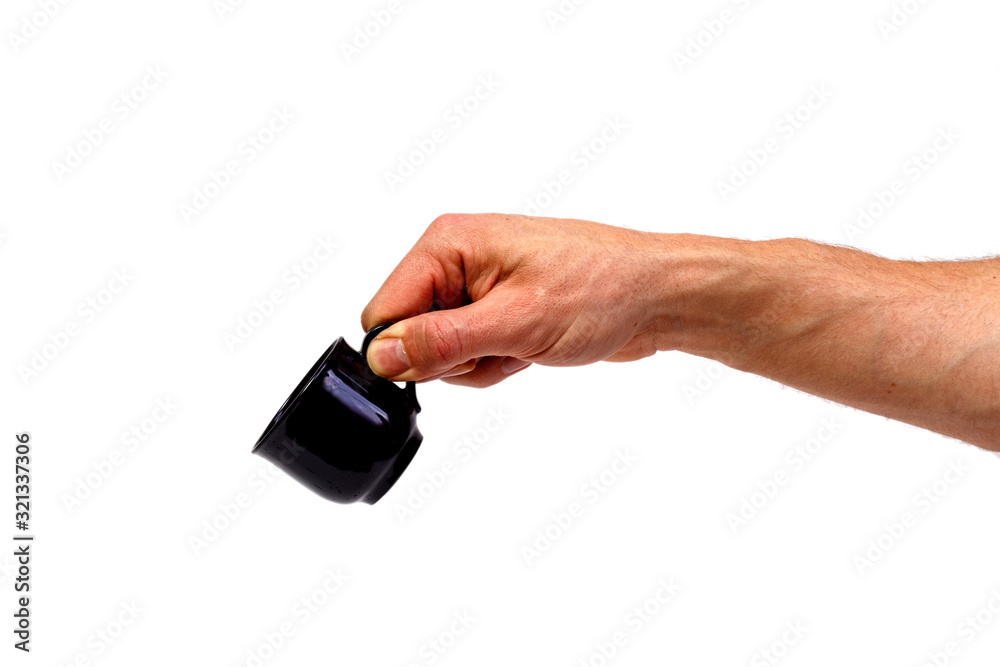 Male hand holding coffee cup isolated on white background. Minimalistic concept. Male hand holding coffee cup isolated on white background. Minimalistic concept.