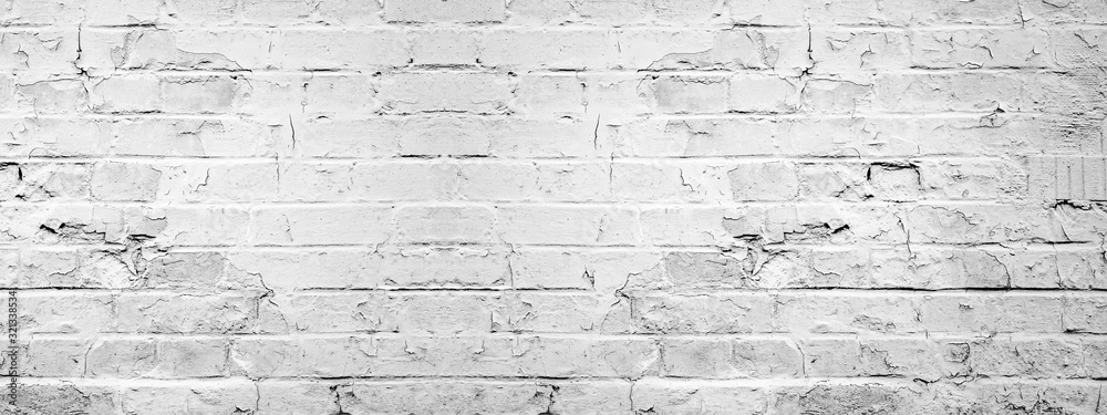 White gray light damaged rustic brick wall brickwork stonework masonry texture background banner panorama