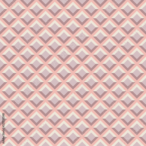 Seamless vector pattern with three-dimensional diamonds in warm neutral colors in a grid on a light pink background. Trendy modern geometric for fabric, home decor, upholstery, fashion, gifts.