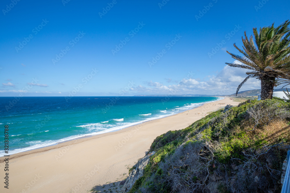 landscape of Atlanterra Beach, from mountain in Cape Plata, in Zahara de los Atunes village (Cadiz, Andalusia, Spain)