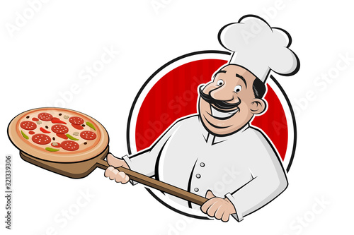 cartoon pizza logo of a serving chef