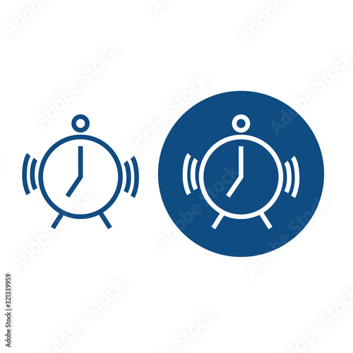 Classic clockwork alarm clock. Morning ringing. Two options. Vector blue icons.