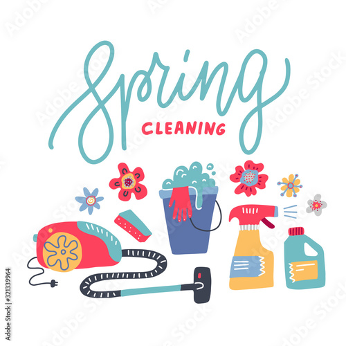 Spring Cleaning - line Lettering with flowers and home Equipment, Housework, Appliance, Domestic Tools. Vector flathand drawn illustration