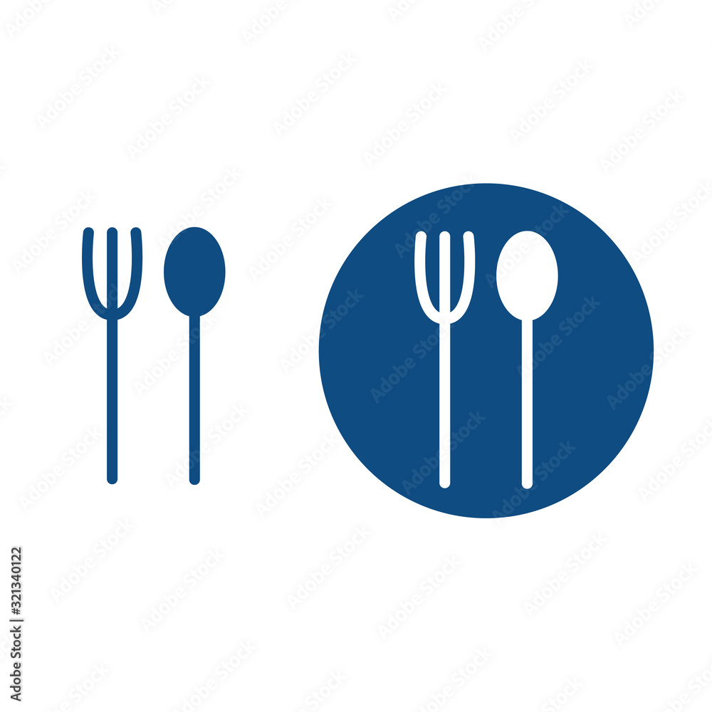 Silhouette fork and spoon for lunch. Two options. Vector blue icons. Silhouette fork and spoon for lunch. Two options. Vector blue icons.
