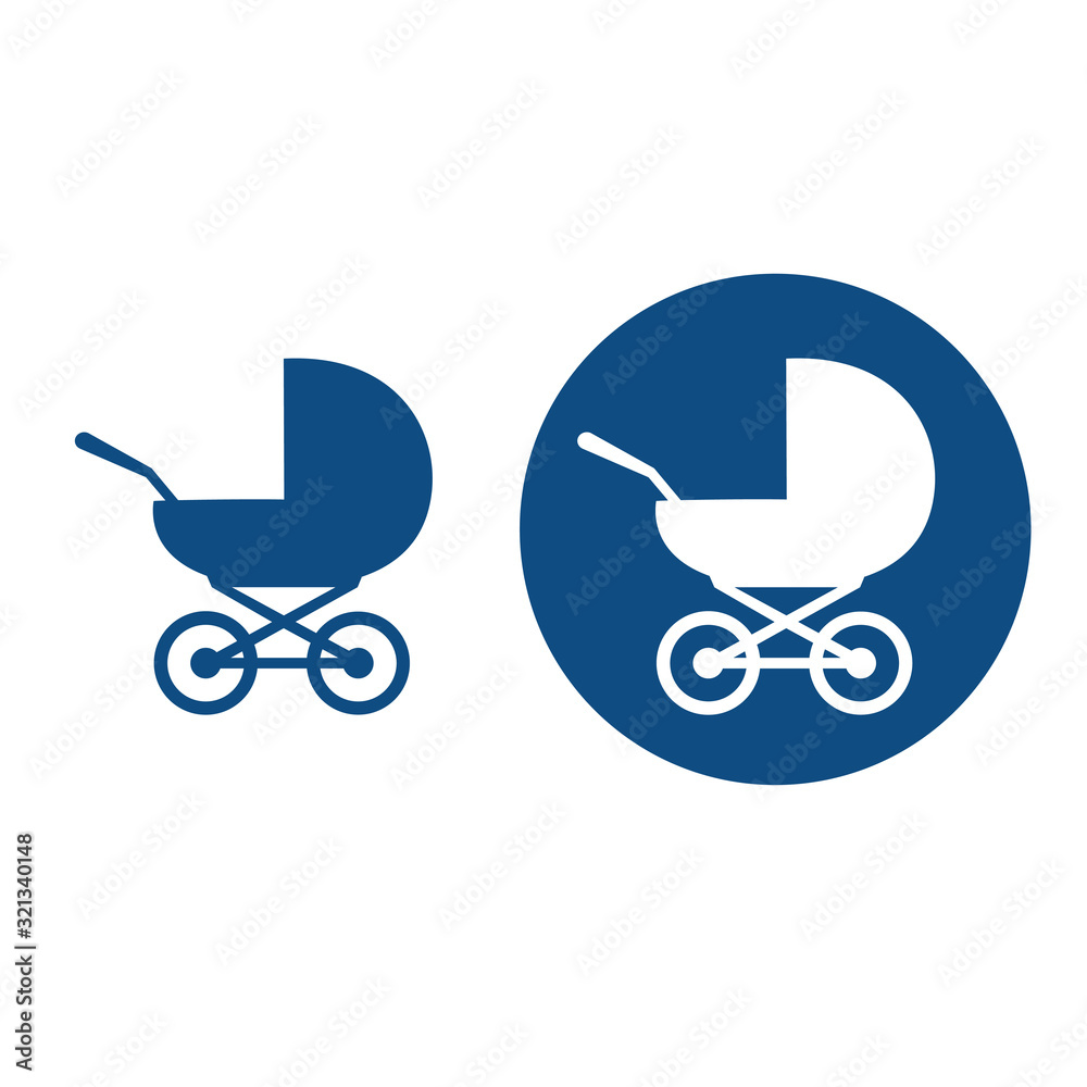 Classic baby carriage with wheels silhouette. Two options. Vector blue icons. Classic baby carriage with wheels silhouette. Two options. Vector blue icons.