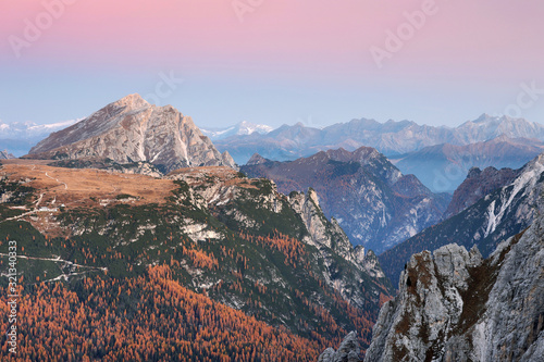 Warm sunrise light over the Dolomites, Italy, Europe
