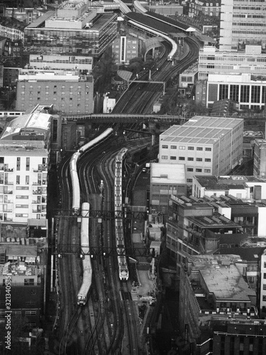 an aerial view from the Shard of the railway lines leading from Waterloo East towards London Bridge station in monochrome  black and white