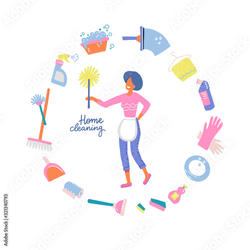 Home cleaning poster with washing appliances or chemicals. Round infographic concept Vector woman with pipidaster in hand, water basin or detergent and bathroom plunger, dust scoop or duster