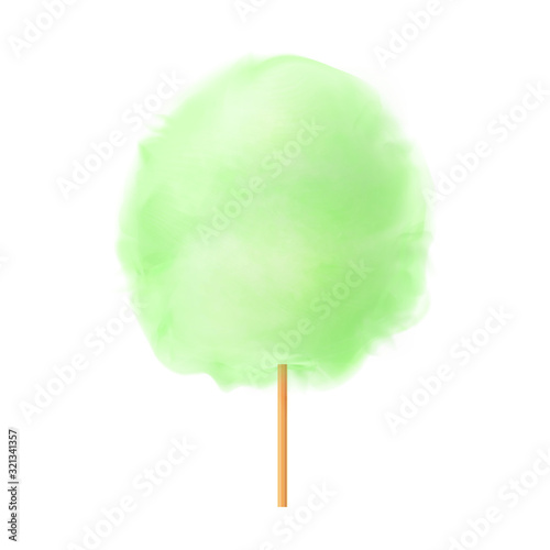 3d cotton candy. Realistic green cotton candy on wooden stick isolated on white background. Summer tasty and sweet snack for children in parks and food festivals. Vector illustration