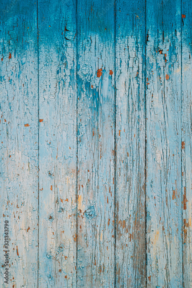 Aged Natural Old Blue Color Obsolete Wooden Board Background. Grungy Vintage Wooden Surface. Painted Obsolete Weathered Texture Of Fence