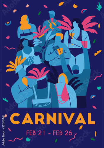 Monochrome postcard people in carnival costumes. Abstract non proportional people drink and having fan. Concept of festival, party.Design element for banner, poster, card.Flat vector illustration