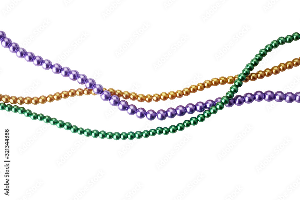 Three colors mardi gras beads for decoration isolated ob white background - obrazy, fototapety, plakaty 