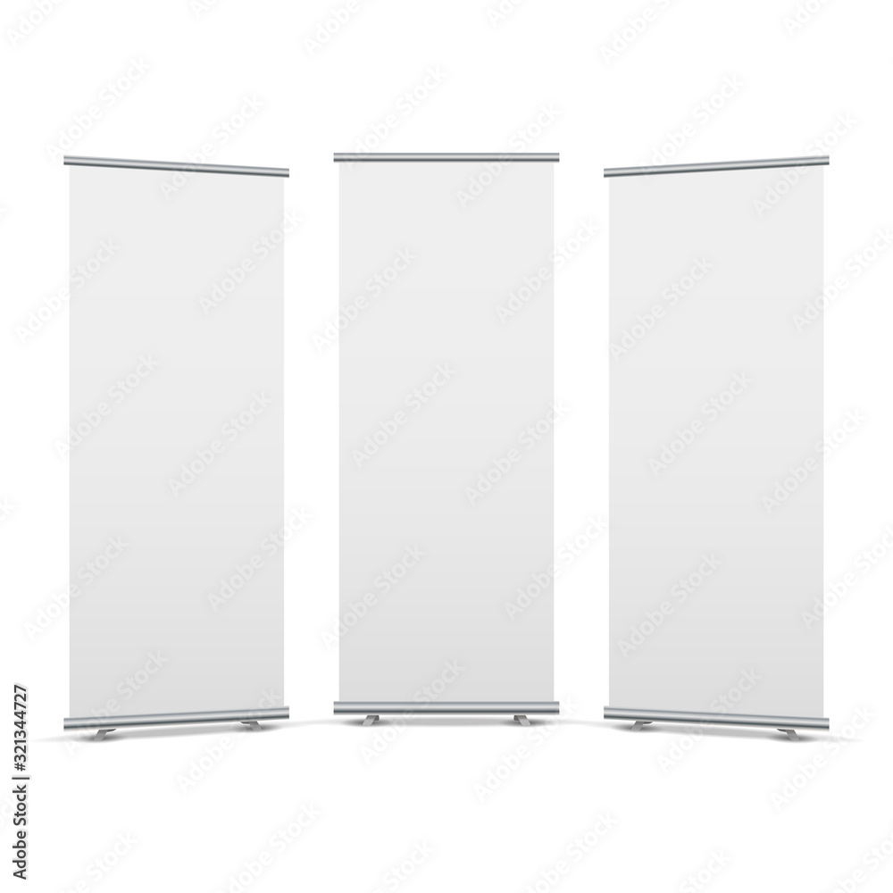 Roll up display stand screen white poster template. Blank stand rollup