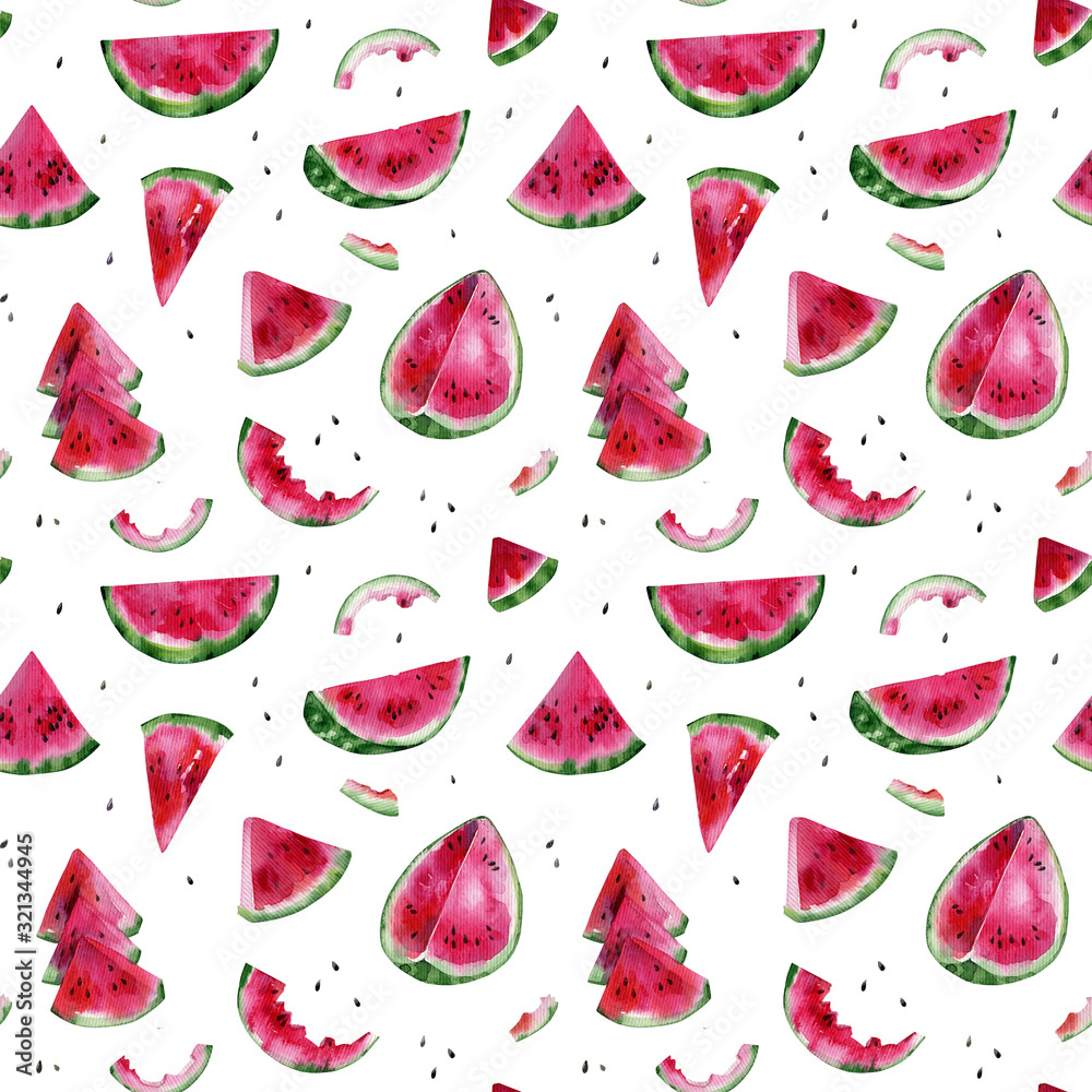 Fototapeta premium Watercolor seamless pattern. Slices, bits and seeds of watermelon on a white background.