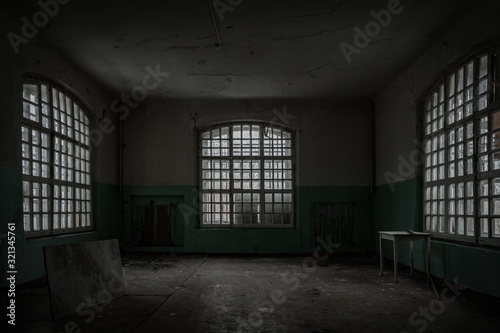 Inside old Orlovka Asylum for the insane in Voronezh Region. Dark creepy abandoned mental hospital