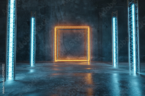 3d rendering of orange lighten square shape next to metal truss and blue light panels with puddles