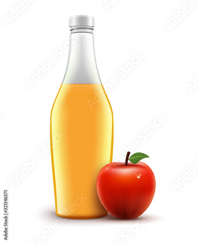 Bottle of red juice apple isolated. Vector healthy liquid food. Apple red juice beverage in glass