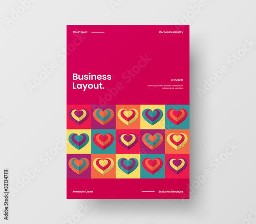 Amazing Valentine's day vector A4 vertical orientation front page mock up. Abstract cover with heart illustration design layout. Holiday greeting card simple creative brochure template background.