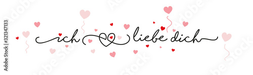 I love You German language handwritten typography line design heart pink red hearts Happy Valentines Day greeting card