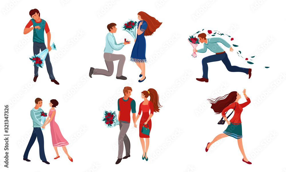 Set of young women and men coulples meetings vector illustration