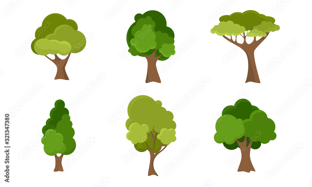 Fototapeta premium Set of green deciduous summer blooming trees vector illustration