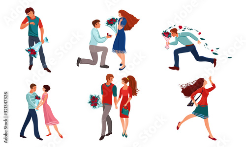 Set of young women and men coulples meetings vector illustration