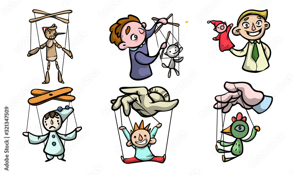 Set of puppets, marionettes and boys puppet masters vector illustration Set of puppets, marionettes and boys puppet masters vector illustration