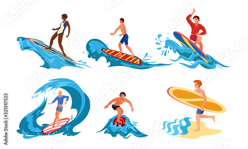 Girls and boys doing water surfing in summer vector illustration