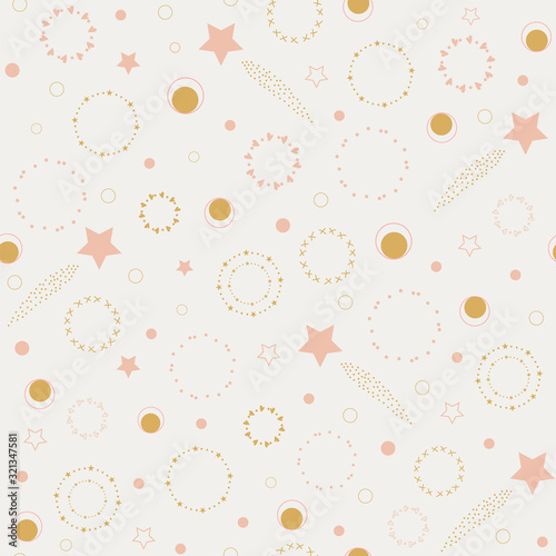 Seamless pattern of shooting stars in outer space on a cream background