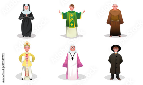 Set of catholic priests, monks and nuns people vector illustration