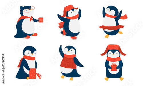 Pinguins in red scarfs and hats enjoying life vector illustration